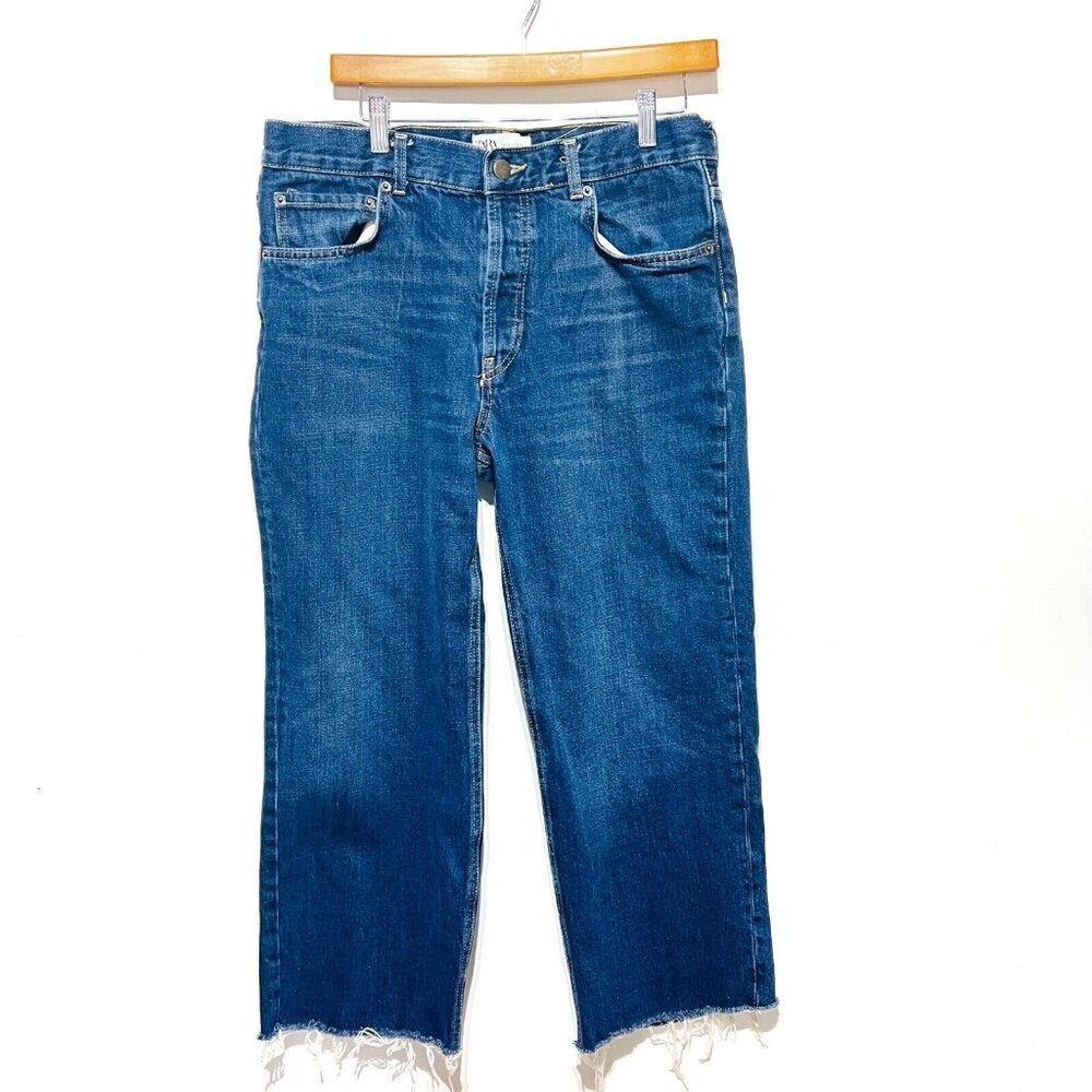 Zara Jeans Womens 8 Medium Dark Wash Denim Button Fly Saw Hem High Waist